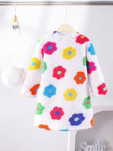 Girls Fluffy Floral Dress With Fuzzy Crossbody Bag, Multicolored, Suitable For Autumn & Winter Daily Wear